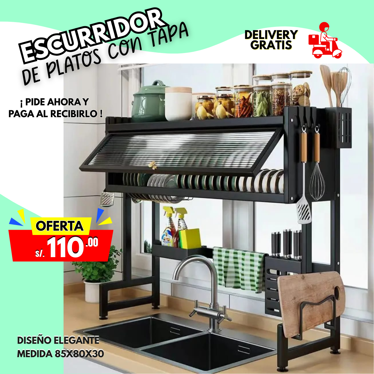 ESCURRIDOR DE PLATOS CON TAPA DE 85 CM