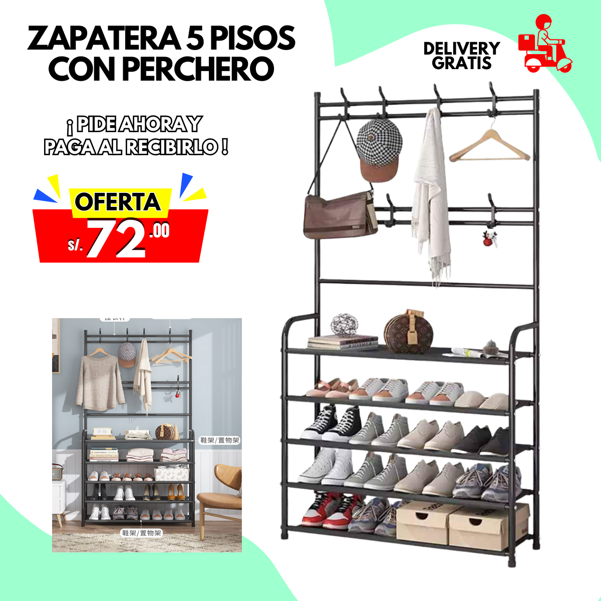 ZAPATERA CON PERCHERO DE CINCO NIVELES TODO METAL CON PERNO