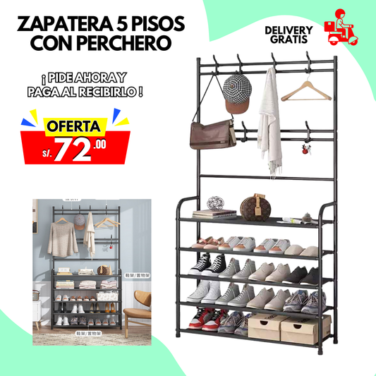 ZAPATERA CON PERCHERO DE CINCO NIVELES TODO METAL CON PERNO
