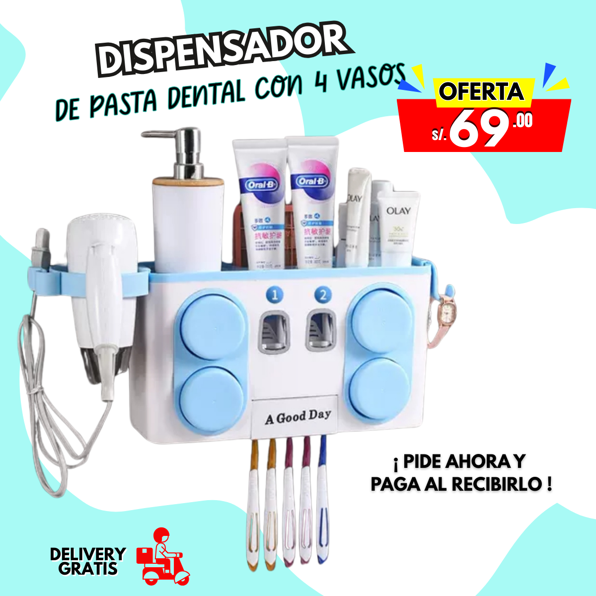 DISPENSADOR DE PASTA DENTAL CON 4 VASOS